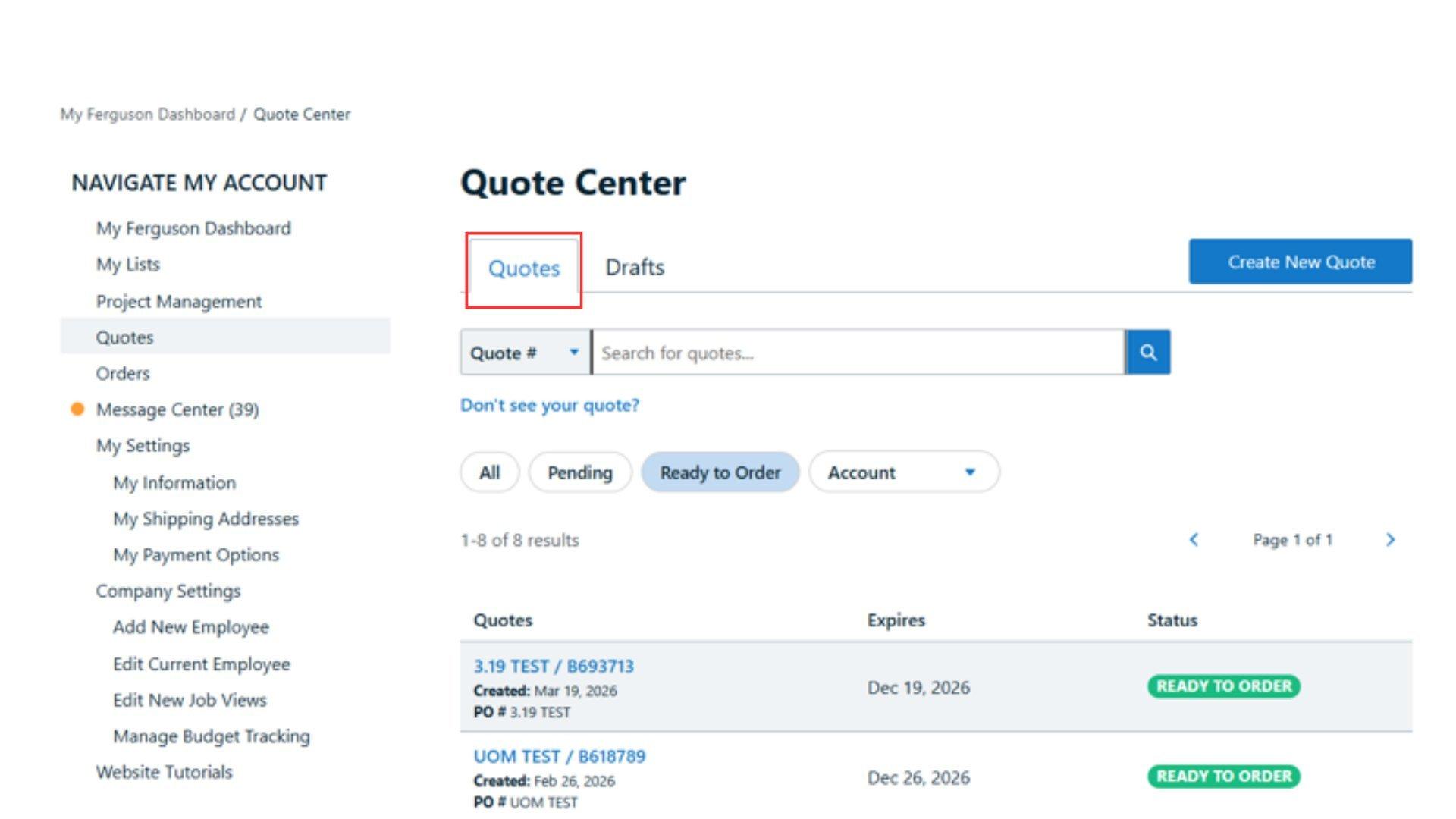 View of Quotes tab with Quote outlined in red and selected in the dropdown menu.